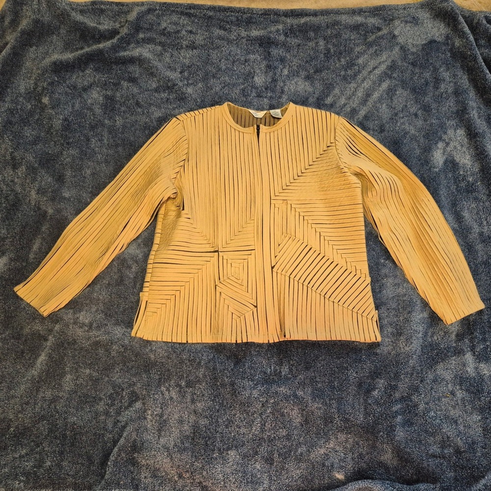 Laura Ashley Petite Tan Beige Woven Stripe Mesh Zip Front Geometric Jacket PM